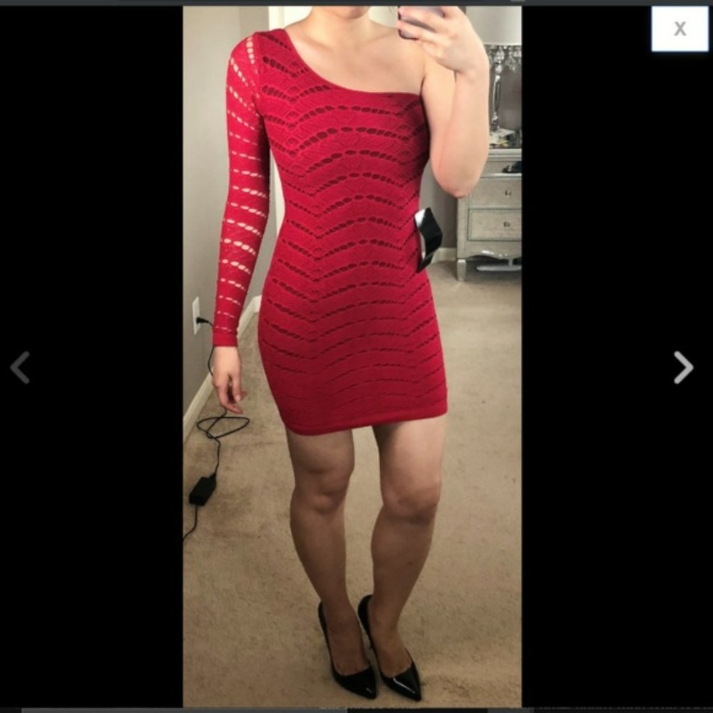 Size Small Bebe Red One Sleeve Crochet Bodycon Dress